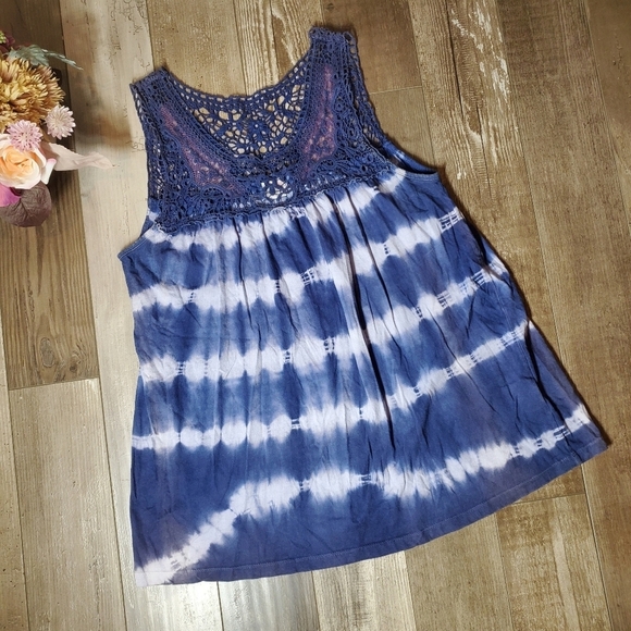 Greater Good Women's Navy Blue and White Tie-Dye Crochet Tank Top Size Large - Picture 9 of 16